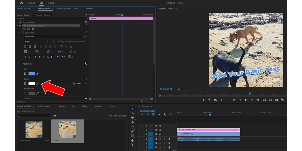 Adding letter stroke to basic text from the Adobe Premiere Pro Effects Control panel