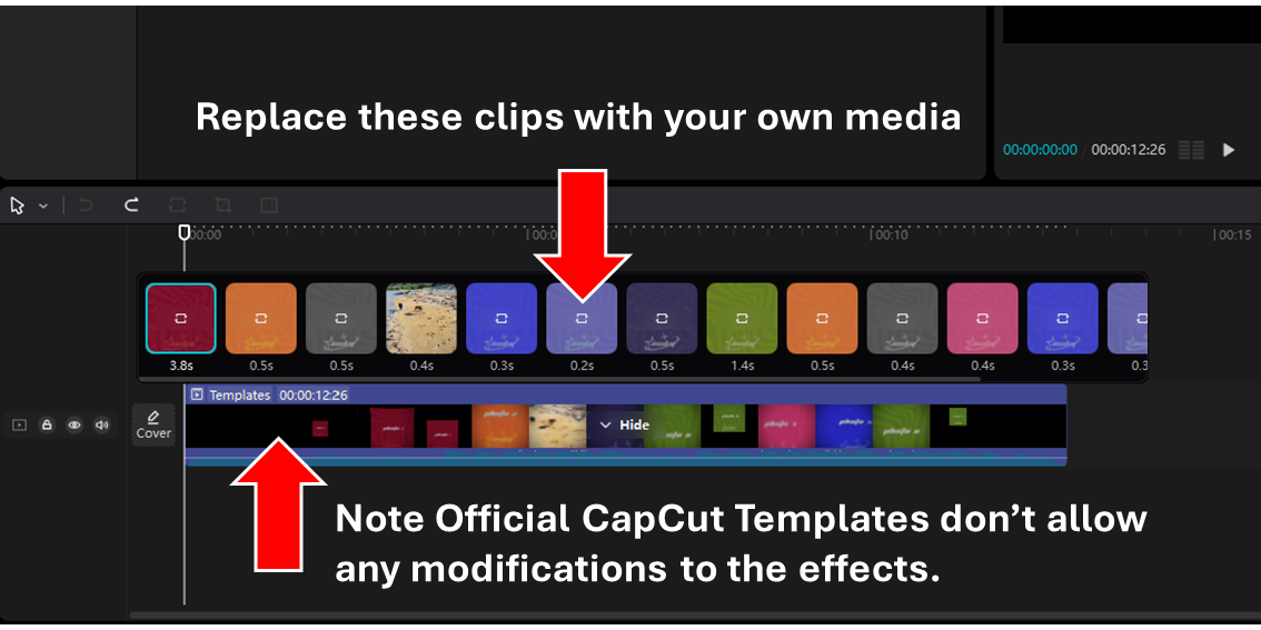 Official CapCut Template Example showing the timeline where creators can replace assets but not edit transitions etc